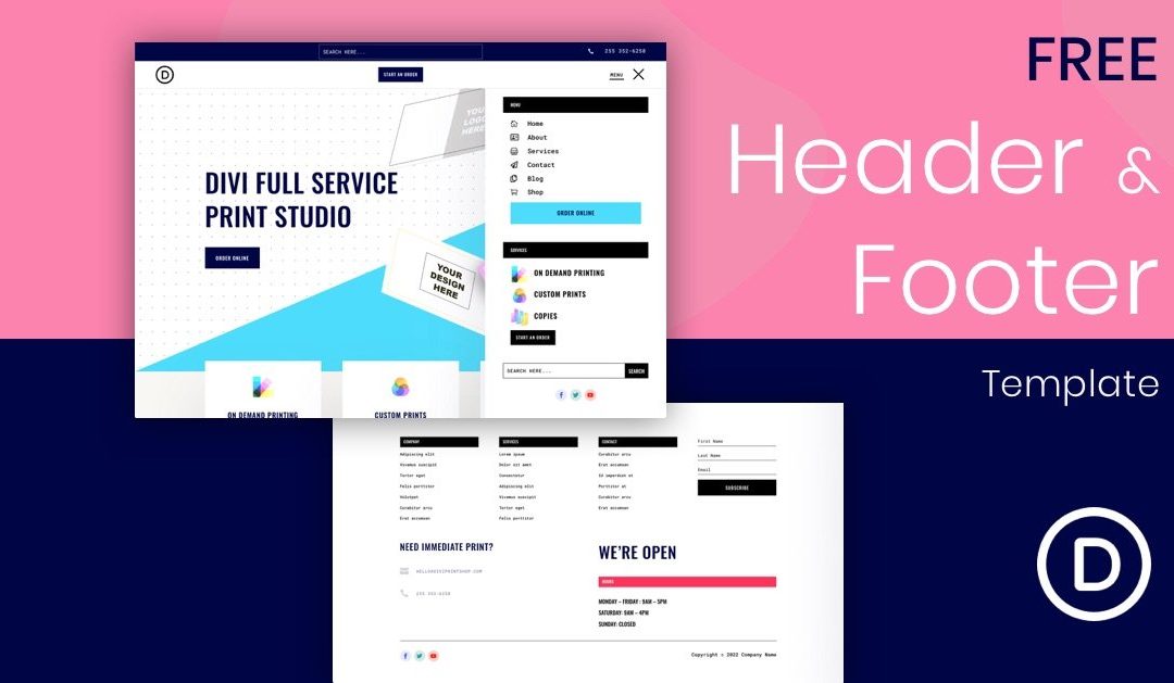 Download a FREE Header and Footer Template for Divi’s Print Shop Layout Pack