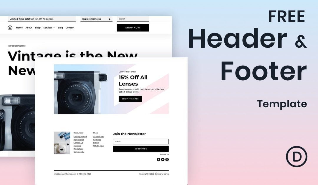 Download a FREE Header & Footer for Divi’s Camera Product Layout Pack