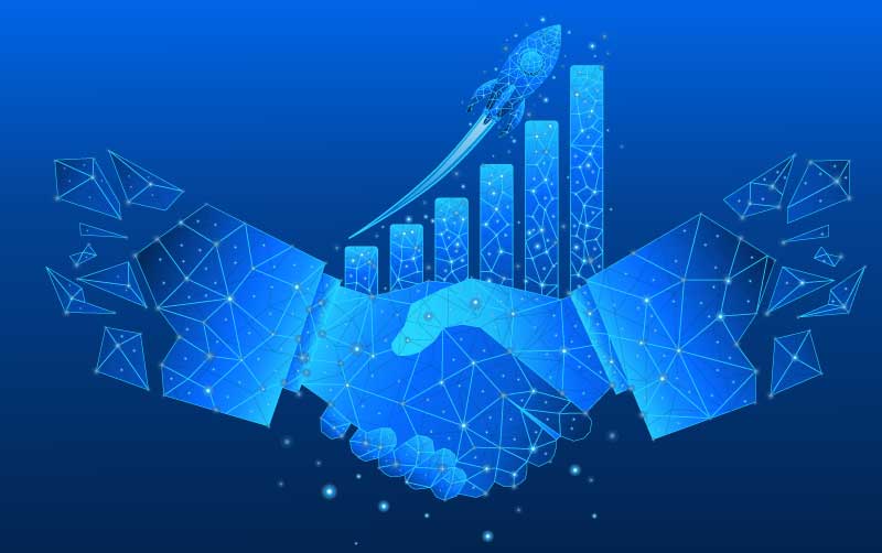 seo services milton ma - digital illustration of a handshake in the foreground, with a rocket ship shooting upwards over an ascending table graph.